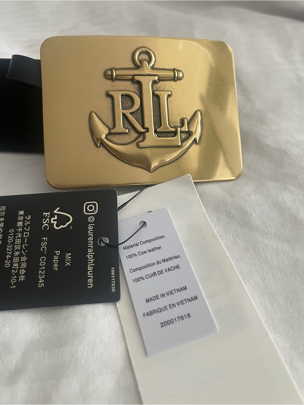Ralph Lauren Black Leather Belt with Gold Anchor RL Plaque Buckle - Picture 5 of 6
